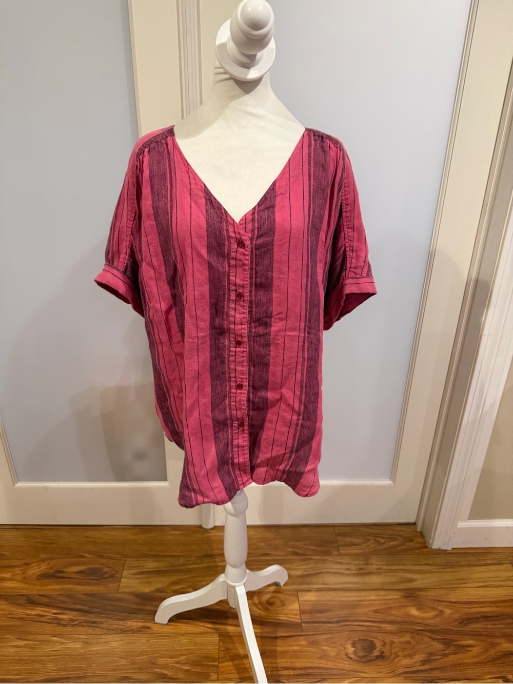 Dear John Pink Striped V-Neck Button Down Top
